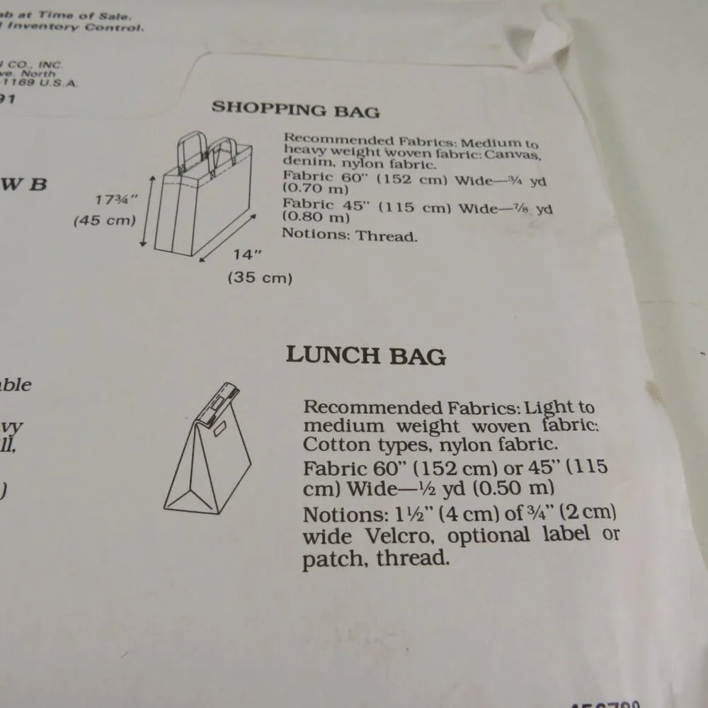 Kwik Sew 2191 Sewing Pattern Aprons, Shopping Bag, Lunch Bag UNCUT